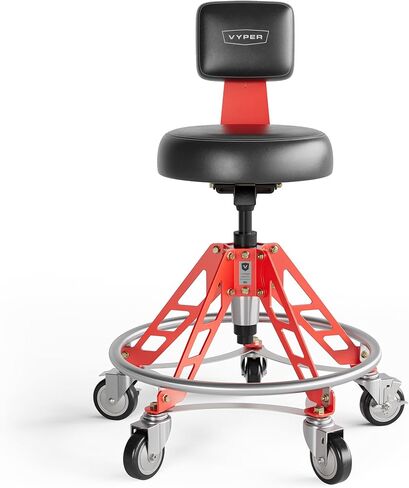 كرسي متجر Vyper Elevated Steel Max EZ-Lift مع مسند ظهر، مقعد متدحرج لارتفاع طاولة العمل، سعة 400 رطل، عجلات صناعية، مقعد ميكانيكي مريح قابل للتعديل - 24 بوصة - 29.5 بوصة، أرجل حمراء in Kuwait