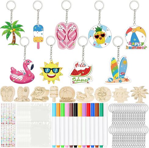 Bafeil 36 Pcs Summer Wood Craft Kits Color Your Own Keychains DIY Unfinished Wooden Blank Keychains Paint Craft for Summer School Classroom Home Active Party Favors Decor Gifts in Kuwait