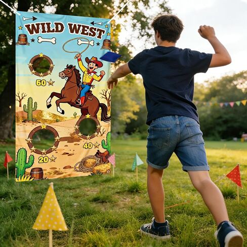 لوازم حفلات أعياد الميلاد من Western Party Cowboy لعبة رمي كيس الفول للبالغين، قابلة للغسل وشديدة التحمل في الهواء الطلق في الأماكن المغلقة، لافتة لعبة للحفلات مع 3 أكياس فول وسلسلة بطول 19.6 قدم in Kuwait