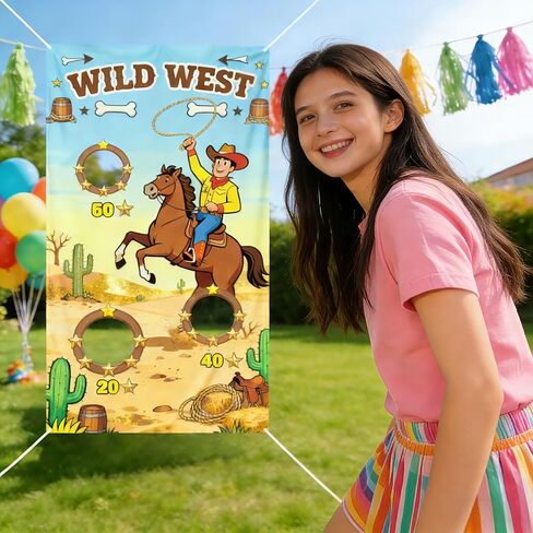 لوازم حفلات أعياد الميلاد من Western Party Cowboy لعبة رمي كيس الفول للبالغين، قابلة للغسل وشديدة التحمل في الهواء الطلق في الأماكن المغلقة، لافتة لعبة للحفلات مع 3 أكياس فول وسلسلة بطول 19.6 قدم in Kuwait