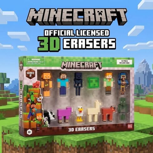 بي إم آي مجموعة ماينكرافت 3D Erasers Series 2، شخصيات ماينكرافت الصغيرة المرخصة رسميًا، 12 ممحاة شخصية مع شخصيات ستيف وأليكس وبيجلين وسلايم وحيوانات، مجموعة كاملة، صندوق فاخر in Kuwait