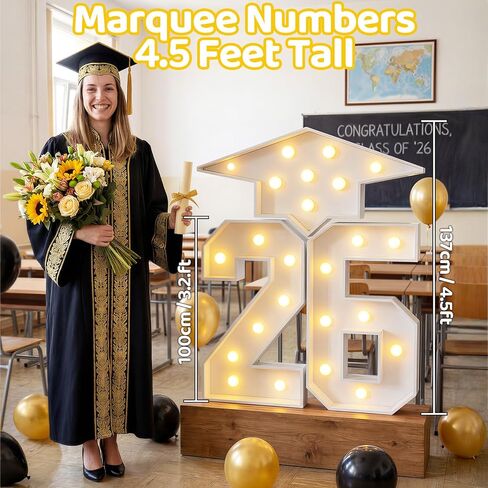 4.5FT ديكورات التخرج فئة 2026 - أرقام سرادق كبيرة 26 مع قبعة التخرج، رقم إطار الفسيفساء الأبيض طقم إضاءة من الورق المقوى المقطوع مسبقًا لديكورات خريجي المدارس الجامعية in Kuwait