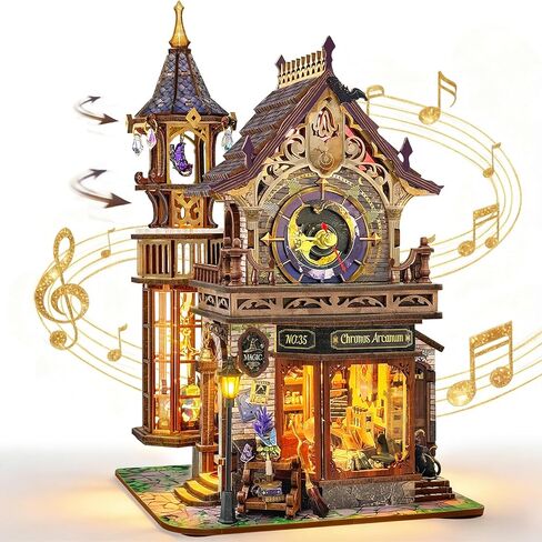 مجموعة كتاب Nook Kit Magic Clock Tower 3D لغز خشبي للبالغين، طقم منزل مصغر DIY مع أضواء LED، هدية ديكور منزلي إبداعية للعرض in Kuwait