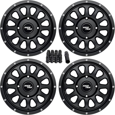 إطارات عجلات RockTrix RT111 مقاس 14 بوصة ATV مقاس 14x7 باللون الأسود 4x137، 5+2 إزاحة، تتضمن صواميل عروة 12x1.5، متوافقة مع Honda Pioneer 1000، Talon، 4/137، مجموعة من 4 in Kuwait