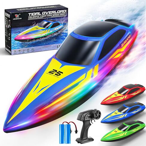 RC Boat with 7-Mode Colorful LED Lights,10 Inch Remote Control Boat,15KM/H High Speed,2.4GHz,3 Speed Modes,2 Rechargeable Batteries,Auto Flip Recovery,Pool & Lake Racing Gifts for Kids & Adults.—BLUE in Kuwait
