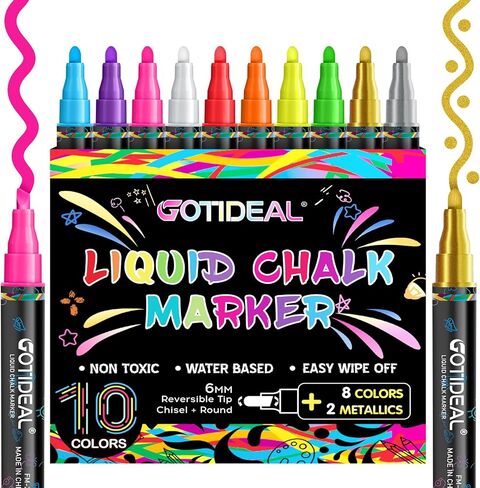 GOTIDEAL Chalk Markers,10 Colors Liquid Chalk Markers for Blackboard,Erasable Chalk Board Pens,Window markers for Glass Washable,Car,Glass,Calendar,Sign,Menu Diy Painting(6 mm Bold&Chisel Tip) in Kuwait