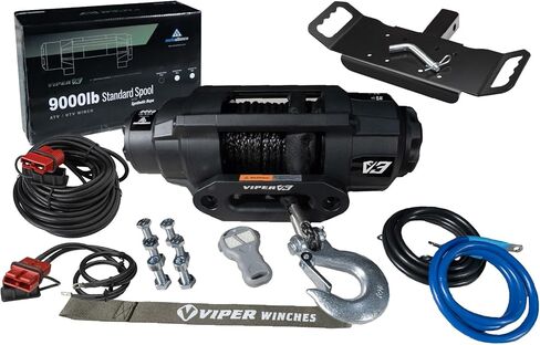 VIPER V3 9000lb UTV/ATV ونش من الدرجة العسكرية مع حبل صناعي أسود مقاس 40 بوصة. لاسلكي وIP68 مقاوم للماء. يشتمل على حامل استقبال مقاس 2 بوصة، وأسلاك سريعة مقاس 96 بوصة و12 بوصة للتركيب الأمامي/الخلفي. in Kuwait