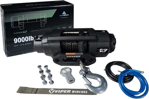 VIPER V3 9000lb UTV/ATV ونش من الدرجة العسكرية مع حبل صناعي أسود بطول 40 قدمًا. لاسلكي وIP68 مقاوم للماء. شركة باورسبورتس الأمريكية. in Kuwait