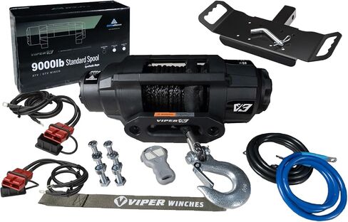 VIPER V3 9000lb UTV/ATV ونش من الدرجة العسكرية مع حبل صناعي أسود مقاس 40 بوصة. لاسلكي وIP68 مقاوم للماء. يتضمن حامل استقبال مقاس 2 بوصة، وأسلاك سريعة مقاس 48 بوصة و12 بوصة للتركيب الأمامي/الخلفي. in Kuwait