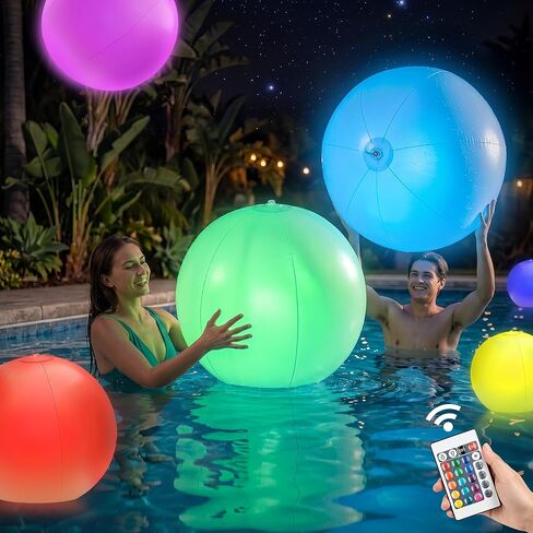4 Pack 16" LED Light Up Beach Balls with Remote Control - IP68 Waterproof Glow in The Dark Pool Toys, 16 Colors 4 Modes, Floating Lights for Swimming Pool Party Decorations, Outdoor Indoor Night Games in Kuwait