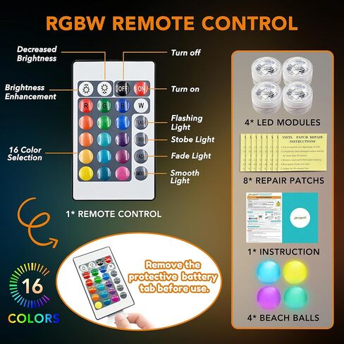 4 Pack 16" LED Light Up Beach Balls with Remote Control - IP68 Waterproof Glow in The Dark Pool Toys, 16 Colors 4 Modes, Floating Lights for Swimming Pool Party Decorations, Outdoor Indoor Night Games in Kuwait