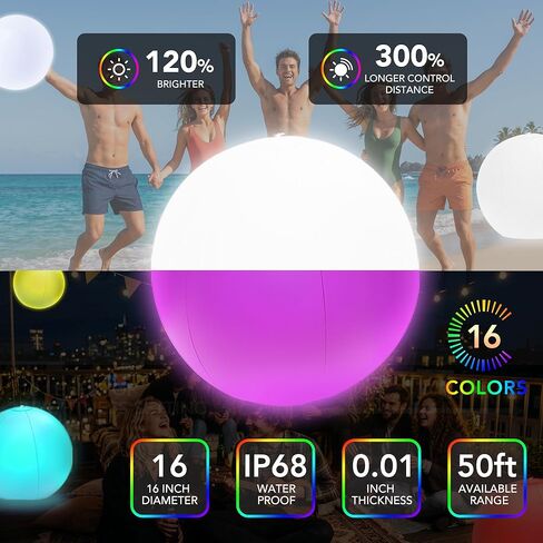 4 Pack 16" LED Light Up Beach Balls with Remote Control - IP68 Waterproof Glow in The Dark Pool Toys, 16 Colors 4 Modes, Floating Lights for Swimming Pool Party Decorations, Outdoor Indoor Night Games in Kuwait
