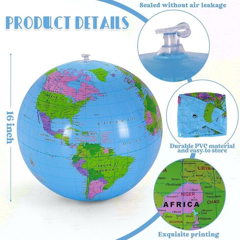 16 Inch Inflatable Globe,Blow up World Globe Beach Ball,Inflatable Earth Beach Ball for Summer Pool Party,PVC Material (1 Pack) in Kuwait