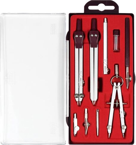 UNJOO Drawing 9Pc Geometry Set Metal Compass, Geometry Precision Tool for Student, Circle Drawing Tool and Architecture, Drafting Kits for Engineer with Shatterproof Storage Box (Red) in Kuwait