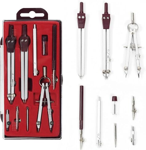 UNJOO Drawing 9Pc Geometry Set Metal Compass, Geometry Precision Tool for Student, Circle Drawing Tool and Architecture, Drafting Kits for Engineer with Shatterproof Storage Box (Red) in Kuwait