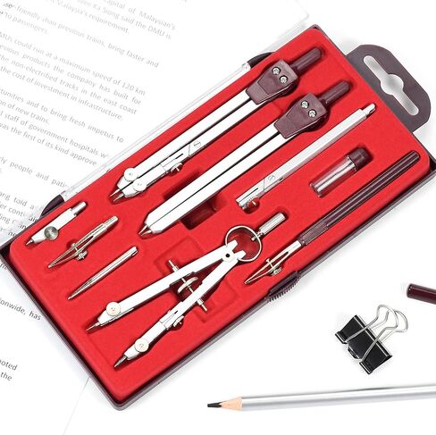 UNJOO Drawing 9Pc Geometry Set Metal Compass, Geometry Precision Tool for Student, Circle Drawing Tool and Architecture, Drafting Kits for Engineer with Shatterproof Storage Box (Red) in Kuwait