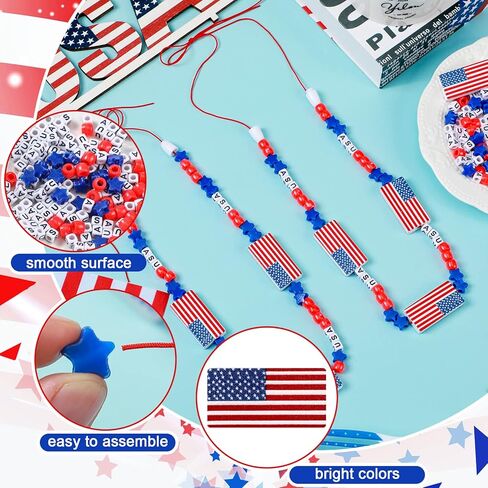 Lyrow 48 Pack 4th of July Patriotic Jewelry Craft Kits 250th Independence Memorial Day DIY Necklace Craft Kits for Kids Fun Red White and Blue USA Jewelry Making Decoration Gift Kids' Home Activities in Kuwait