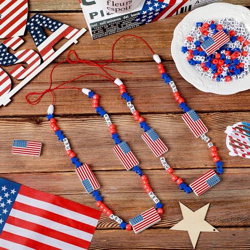 Lyrow 48 Pack 4th of July Patriotic Jewelry Craft Kits 250th Independence Memorial Day DIY Necklace Craft Kits for Kids Fun Red White and Blue USA Jewelry Making Decoration Gift Kids' Home Activities in Kuwait