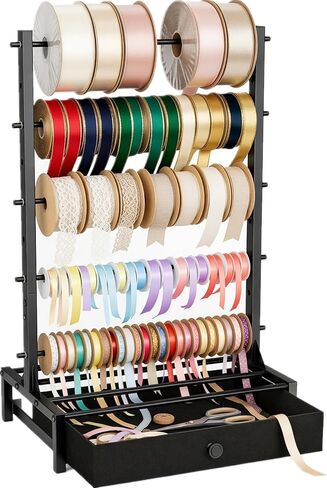 Ribbon Organizer with Fabric Drawer, Adjustable 5-Tier Ribbon Holder, Large Capacity Stable Ribbon Storage Rack for Craft Room, Gift Wrapping & Florist Supplies in Kuwait