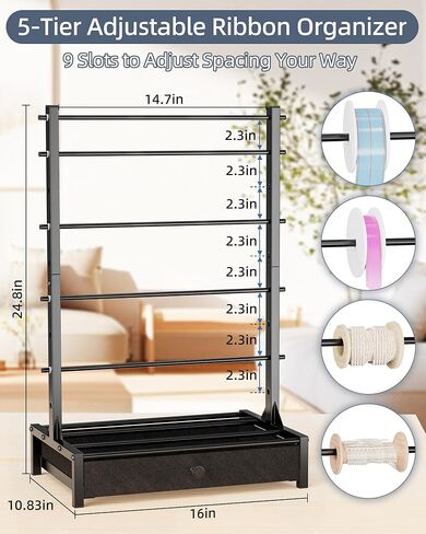 Ribbon Organizer with Fabric Drawer, Adjustable 5-Tier Ribbon Holder, Large Capacity Stable Ribbon Storage Rack for Craft Room, Gift Wrapping & Florist Supplies in Kuwait
