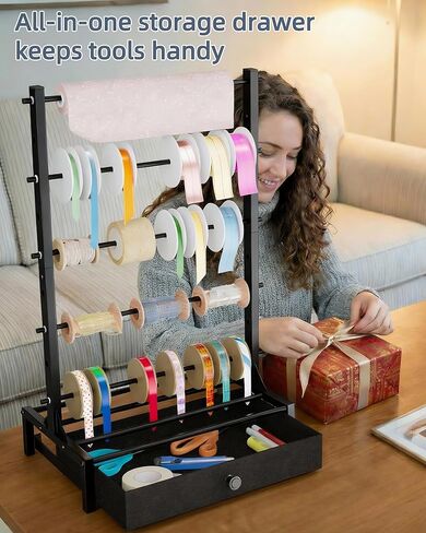 Ribbon Organizer with Fabric Drawer, Adjustable 5-Tier Ribbon Holder, Large Capacity Stable Ribbon Storage Rack for Craft Room, Gift Wrapping & Florist Supplies in Kuwait