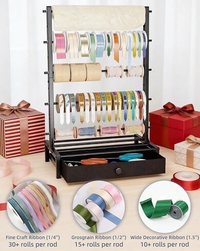 Ribbon Organizer with Fabric Drawer, Adjustable 5-Tier Ribbon Holder, Large Capacity Stable Ribbon Storage Rack for Craft Room, Gift Wrapping & Florist Supplies in Kuwait