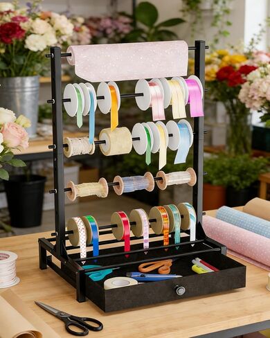 Ribbon Organizer with Fabric Drawer, Adjustable 5-Tier Ribbon Holder, Large Capacity Stable Ribbon Storage Rack for Craft Room, Gift Wrapping & Florist Supplies in Kuwait