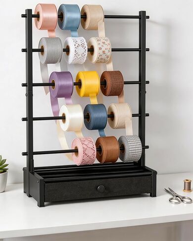 Ribbon Organizer with Fabric Drawer, Adjustable 5-Tier Ribbon Holder, Large Capacity Stable Ribbon Storage Rack for Craft Room, Gift Wrapping & Florist Supplies in Kuwait