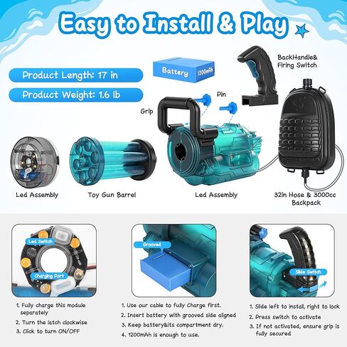 Gatling-Style Electric Water Gun with LED – 45ft Squirt Gun with 3000cc Backpack Tank, Super Water Toy Guns for Kids & Adults in Kuwait