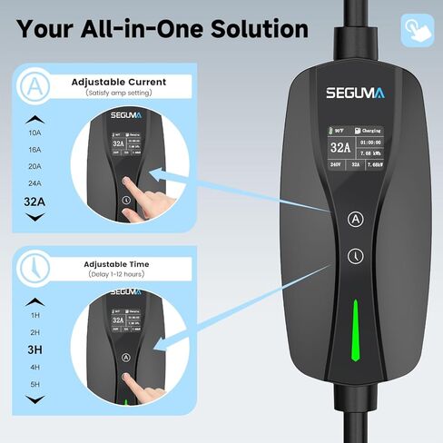 شاحن EV من المستوى 2 لـ Tesla، 32Amp 240V 7.68kW NACS EV، قابس NEMA 14-50، تيار قابل للتعديل، تأخير التوقيت 25FT شاحن سيارة كهربائي محمول متوافق مع جميع Nacs (أسود) in Kuwait