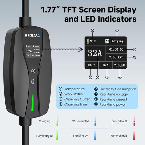 شاحن EV من المستوى 2 لـ Tesla، 32Amp 240V 7.68kW NACS EV، قابس NEMA 14-50، تيار قابل للتعديل، تأخير التوقيت 25FT شاحن سيارة كهربائي محمول متوافق مع جميع Nacs (أسود) in Kuwait