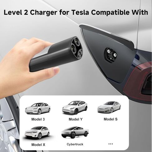 شاحن EV من المستوى 2 لـ Tesla، 32Amp 240V 7.68kW NACS EV، قابس NEMA 14-50، تيار قابل للتعديل، تأخير التوقيت 25FT شاحن سيارة كهربائي محمول متوافق مع جميع Nacs (أسود) in Kuwait