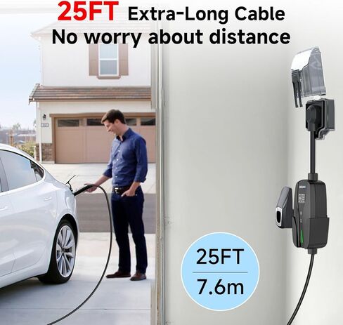 شاحن EV من المستوى 2 لـ Tesla، 32Amp 240V 7.68kW NACS EV، قابس NEMA 14-50، تيار قابل للتعديل، تأخير التوقيت 25FT شاحن سيارة كهربائي محمول متوافق مع جميع Nacs (أسود) in Kuwait