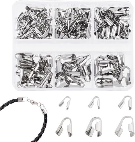 AHANDMAKER 195pcs الحبل الفولاذ المقاوم للصدأ ينتهي 6 أنماط نهاية قبعات الجلود الحبل العثور على نصائح نهاية لصنع المجوهرات، نهاية قبعات نهاية نهاية قبعات حبة in Kuwait