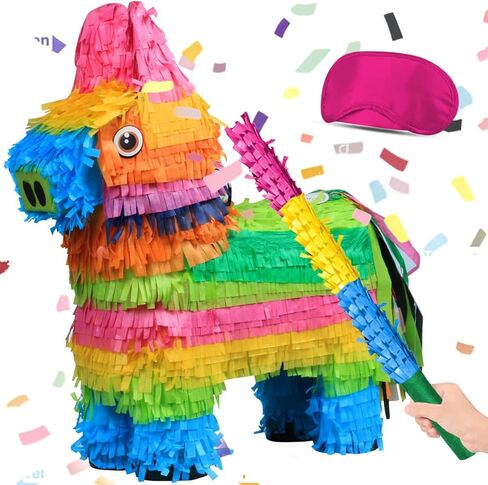 Cinco De Mayo Donkey Pinata -15.5" Rainbow Color Donkey Pinata with Pinata Stick and Blindfold for Mexican Theme Party Decoration, Fiesta Taco Party Supplies, Carnivals Festivals in Kuwait