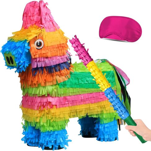 Cinco De Mayo Donkey Pinata -15.5" Rainbow Color Donkey Pinata with Pinata Stick and Blindfold for Mexican Theme Party Decoration, Fiesta Taco Party Supplies, Carnivals Festivals in Kuwait