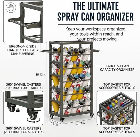 50 Can Spray Paint Rack Organizer, Large Capacity Rolling Spray Paint Storage Cart, Metal Aerosol Can Holder for Garage, Auto Shop, Craft Room & Home Mobile Organization in Kuwait