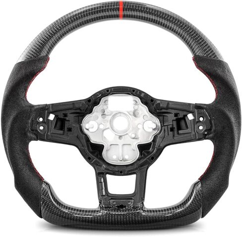 عجلة قيادة من ألياف الكربون Hydro-Dip لسيارة Volkswagen VW Golf GTI R-Line MK7 MK7.5 2015-2021، Jetta GLI 2016-2021، تصميم رياضي مسطح القاع، جلد مثقوب، خياطة حمراء in Kuwait