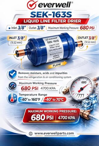 Liquid Line Filter Drier, 3/8" Inlet, 3/8" Outlet, 680 PSI Max Working Pressure in Kuwait