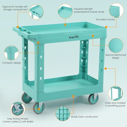 ELAFROS Heavy Duty Plastic Utility Cart, 34 x 17 in, 2-Tier Rolling Cart with Deep Tub Shelves and Swivel Wheels, 550 lbs Capacity, Mint Blue in Kuwait