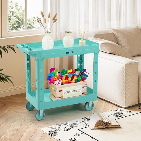 ELAFROS Heavy Duty Plastic Utility Cart, 34 x 17 in, 2-Tier Rolling Cart with Deep Tub Shelves and Swivel Wheels, 550 lbs Capacity, Mint Blue in Kuwait