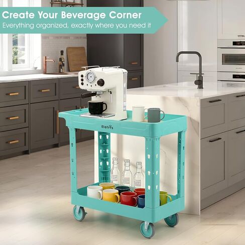 ELAFROS Heavy Duty Plastic Utility Cart, 34 x 17 in, 2-Tier Rolling Cart with Deep Tub Shelves and Swivel Wheels, 550 lbs Capacity, Mint Blue in Kuwait