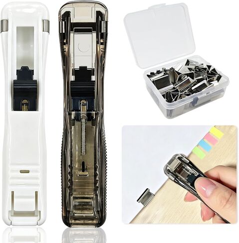 2 Pcs Portable Binder Clip Stapler,Creative Stapleless Stapler No Holes,Push Clip Stapler with 50 Reusable Stainless Steel Refill Clips,Clamp Clips Dispenser for Office Document School Supplies in Kuwait