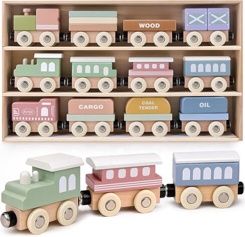 Wooden Train Set for Toddlers, 12PCS Montessori Magnetic Train Cars with Storage Gift Box, Compatible with Major Brands, Wooden Baby Stacking Blocks Toy, Birthday Gift for Boys Girls Ages 1-3 3-5+ in Kuwait