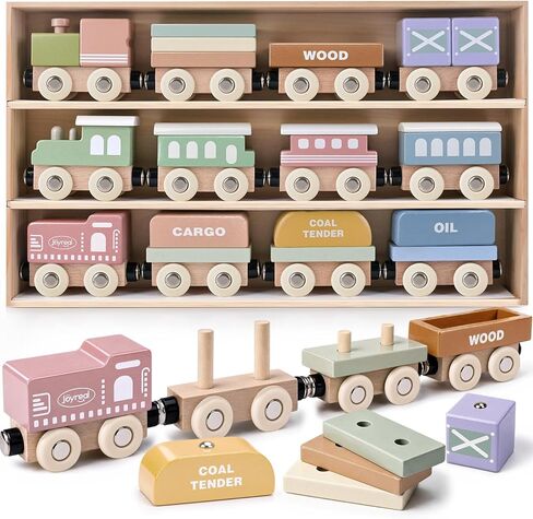 Wooden Train Set for Toddlers, 12PCS Montessori Magnetic Train Cars with Storage Gift Box, Compatible with Major Brands, Wooden Baby Stacking Blocks Toy, Birthday Gift for Boys Girls Ages 1-3 3-5+ in Kuwait