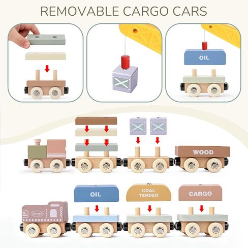Wooden Train Set for Toddlers, 12PCS Montessori Magnetic Train Cars with Storage Gift Box, Compatible with Major Brands, Wooden Baby Stacking Blocks Toy, Birthday Gift for Boys Girls Ages 1-3 3-5+ in Kuwait