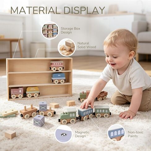 Wooden Train Set for Toddlers, 12PCS Montessori Magnetic Train Cars with Storage Gift Box, Compatible with Major Brands, Wooden Baby Stacking Blocks Toy, Birthday Gift for Boys Girls Ages 1-3 3-5+ in Kuwait