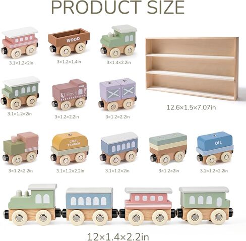 Wooden Train Set for Toddlers, 12PCS Montessori Magnetic Train Cars with Storage Gift Box, Compatible with Major Brands, Wooden Baby Stacking Blocks Toy, Birthday Gift for Boys Girls Ages 1-3 3-5+ in Kuwait