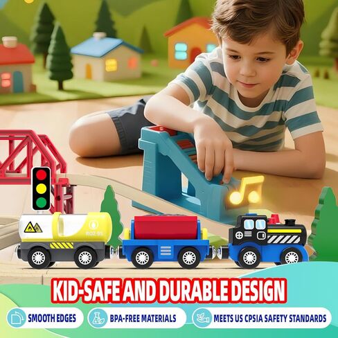 PowerHauler Express Battery Operated Train for Wooden Tracks – Classic Cargo Steam Engine Toy with 3 Magnetic Cars – Compatible with All Major Brands – Light & Sound – Gift for Kids Ages 3+ in Kuwait