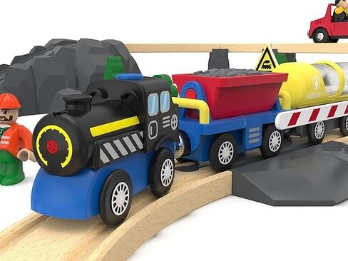 PowerHauler Express Battery Operated Train for Wooden Tracks – Classic Cargo Steam Engine Toy with 3 Magnetic Cars – Compatible with All Major Brands – Light & Sound – Gift for Kids Ages 3+ in Kuwait